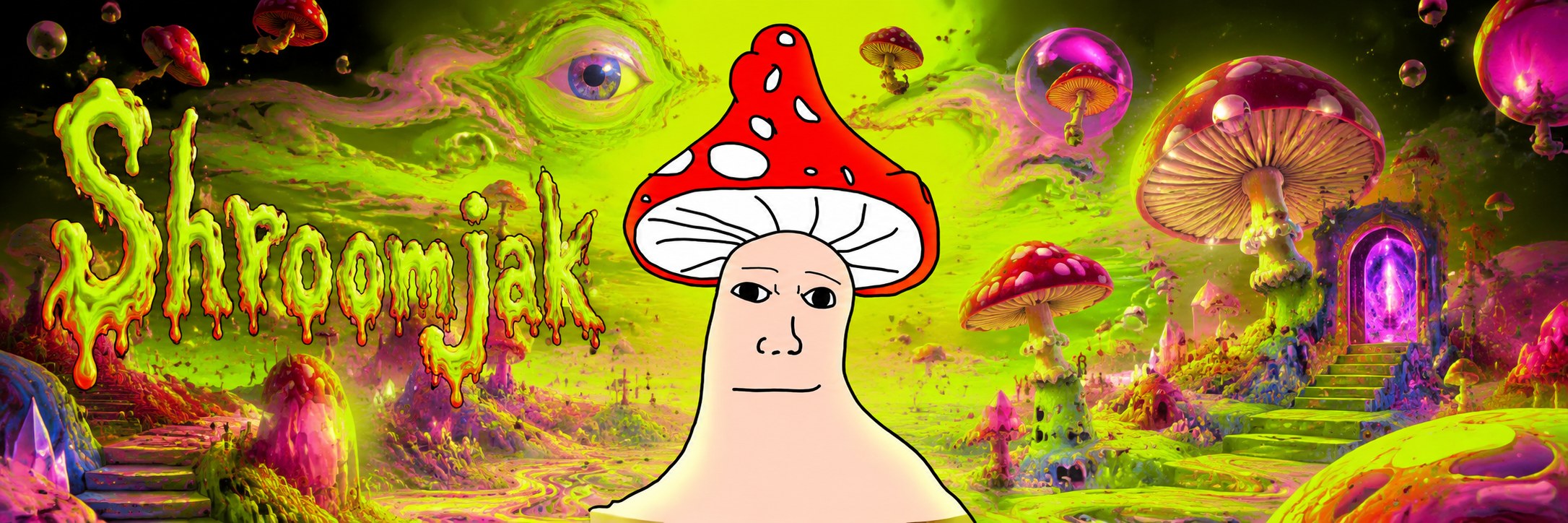 Shroomjak in a glowing psychedelic forest, mushrooms and portals in the background.